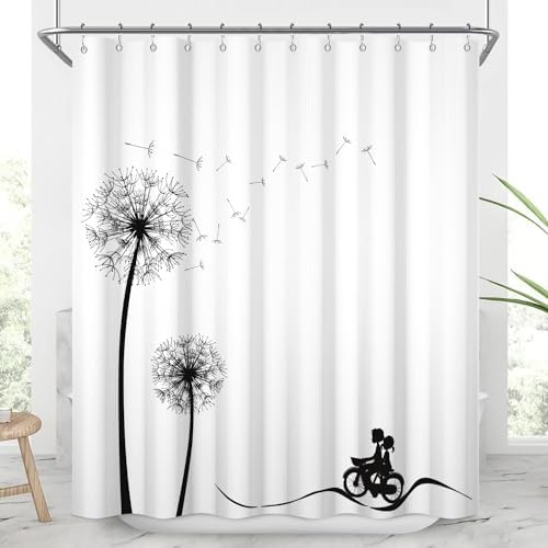 White Boho Shower Curtain Black Dandelions Waffle Shoot Curtains 72x72inches