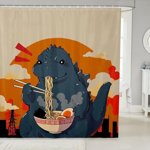 Japanese Style Dinosaur Shower Curtain with 12 Hooks for Kids