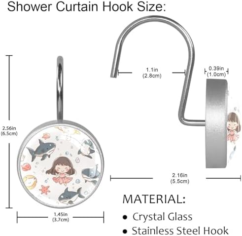 Cartoon Shark Starfish Print Washable 10-Piece Polygonal Planes Shower Curtain 66x72 in