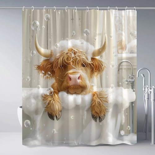 Funny Highland Cow Shower Curtain with Hooks