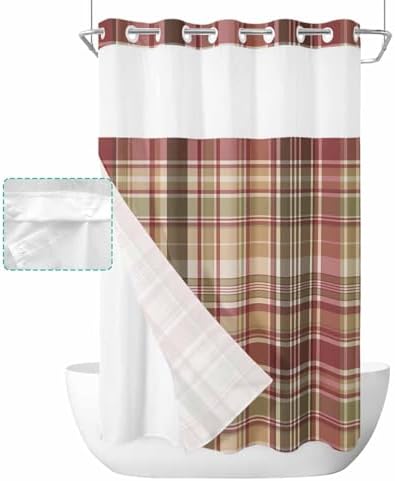 TocaHome Green Red Stripe Shower Curtain Set with Snappable Liner