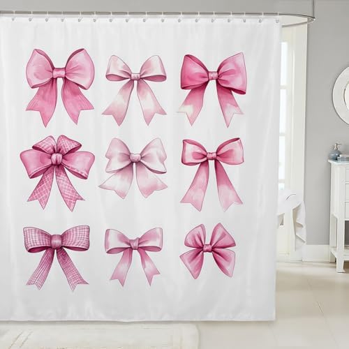 Fun Pink Bowknot Bathroom Shower Curtain Set for Kids