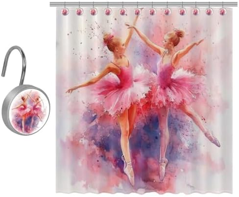 VAPOKF Pink Ballet Dress Girls Shower Curtain Set with Hooks 66x72 in