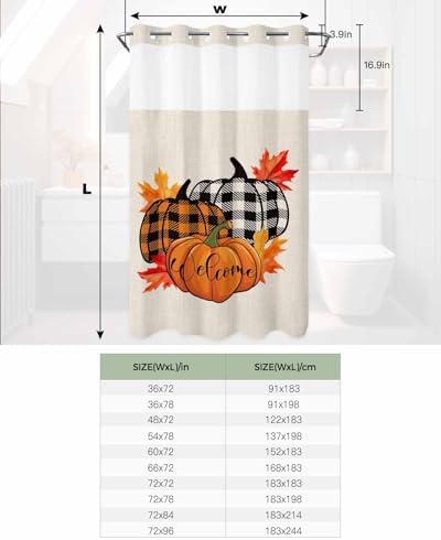 No Hook Fall Autumn Shower Curtains with Pumpkins and Maple Leaves