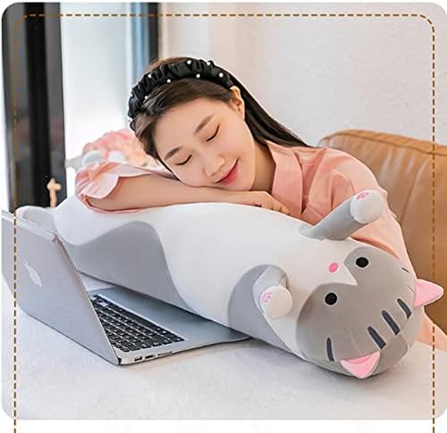 Long Gray Cat Plush Pillow for Sleep Cuddle and Relaxation