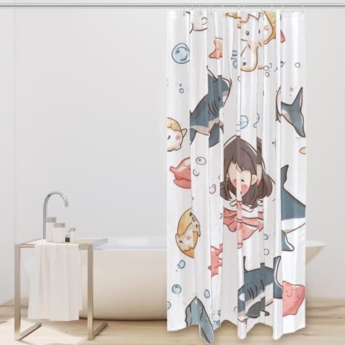 Cartoon Shark Starfish Girl Shower Curtain - 72x72 inches