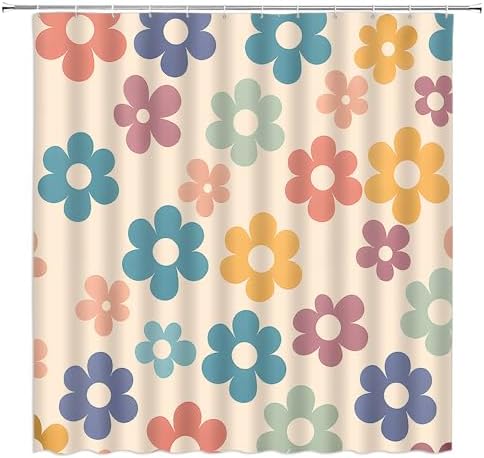 Retro Bathroom Shower Curtain Boho Pastel Floral Design