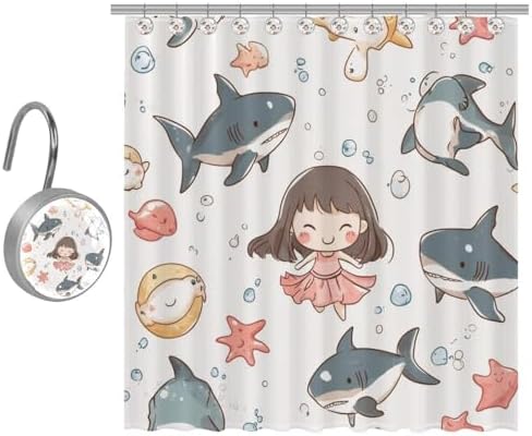 Cartoon Shark Starfish Print Washable 10-Piece Polygonal Planes Shower Curtain 66x72 in