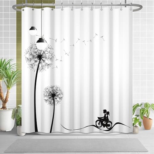 White Boho Shower Curtain Black Dandelions Waffle Shoot Curtains 72x72inches
