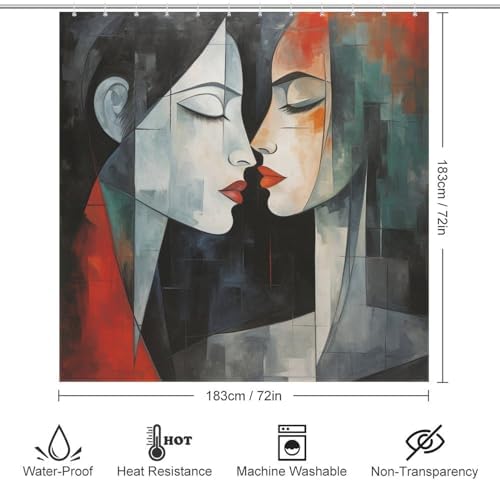 Kissing Girl Boho Shower Curtain Set Oil Painting Red Black