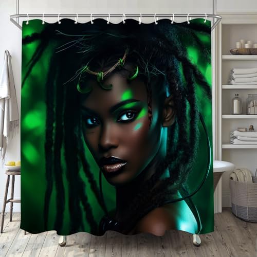 African American Girls Shower Curtain Set Green Leaves Boho 72x72in