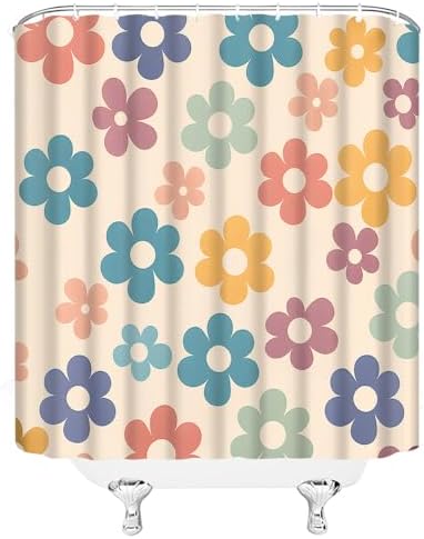 Retro Bathroom Shower Curtain Boho Pastel Floral Design
