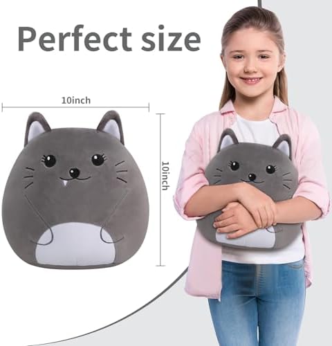 Cute Gray 10-Inch Plush Cat Pillow for Kids