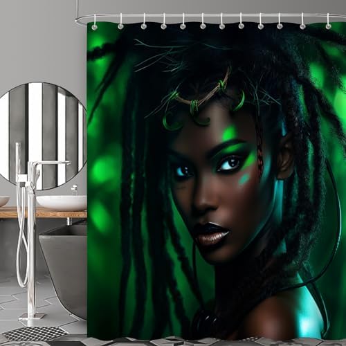 African American Girls Shower Curtain Set Green Leaves Boho 72x72in