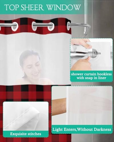 Luxurious Buffalo Plaid Bath Shower Curtain Waterproof 72x72 with Window Transparency