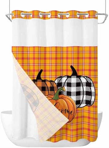 fall pumpkin no hook bath shower curtain set - soft 48x72 botanical design