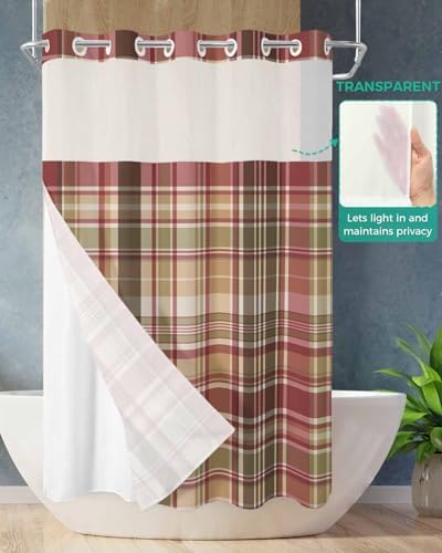 TocaHome Green Red Stripe Shower Curtain Set with Snappable Liner