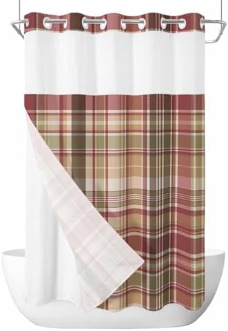 TocaHome Green Red Stripe Shower Curtain Set with Snappable Liner