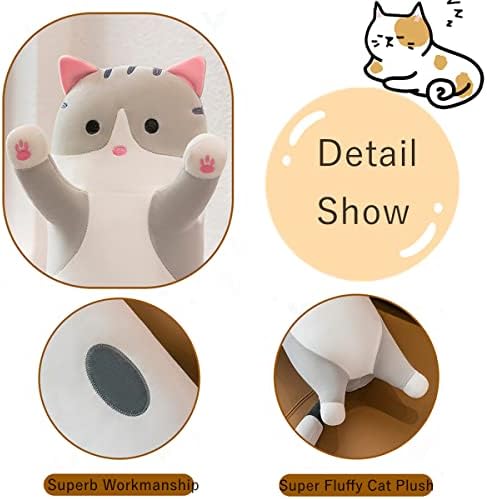 Long Gray Cat Plush Pillow for Sleep Cuddle and Relaxation