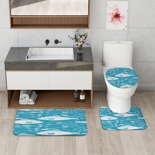 4PCS Cartoon Fish Bathroom Shower Curtains with Non-Slip Mat