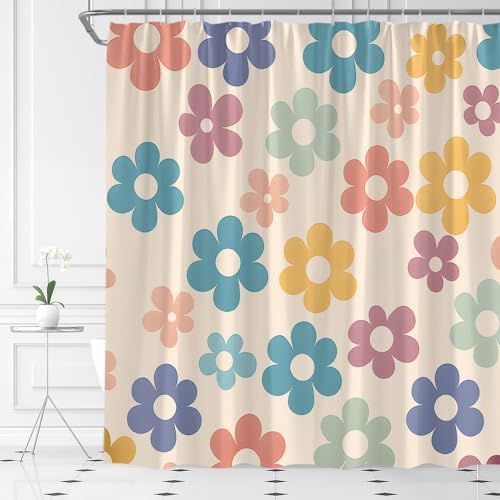 Retro Bathroom Shower Curtain Boho Pastel Floral Design
