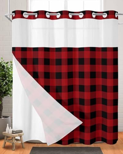 Luxurious Buffalo Plaid Bath Shower Curtain Waterproof 72x72 with Window Transparency