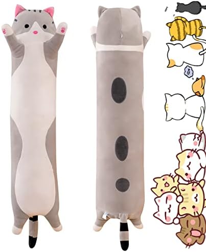Long Gray Cat Plush Pillow for Sleep Cuddle and Relaxation