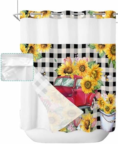 Stunning Bathroom shower curtains Red Truck Pull Sunflowers Waterproof Unique Design