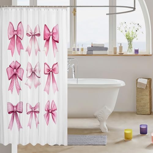 Fun Pink Bowknot Bathroom Shower Curtain Set for Kids