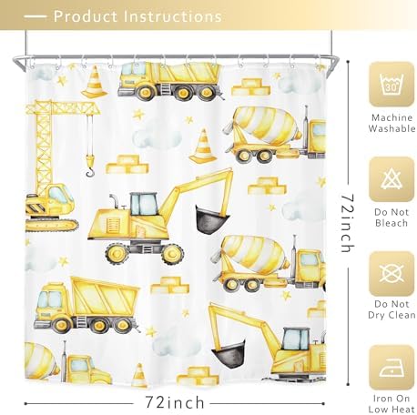 Riyidecor Tractor Kids Construction Shower Curtain Set