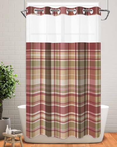 TocaHome Green Red Stripe Shower Curtain Set with Snappable Liner