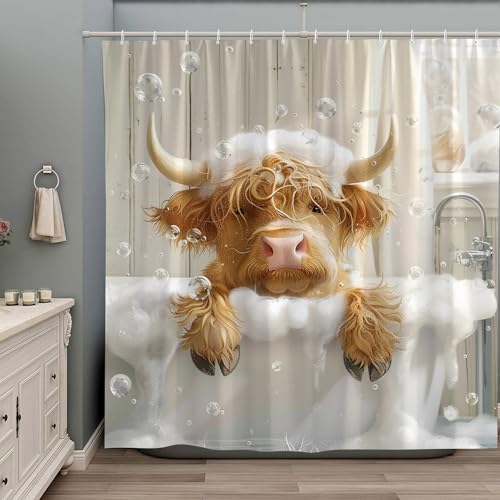 Funny Highland Cow Shower Curtain with Hooks