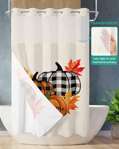 No Hook Fall Autumn Shower Curtains with Pumpkins and Maple Leaves