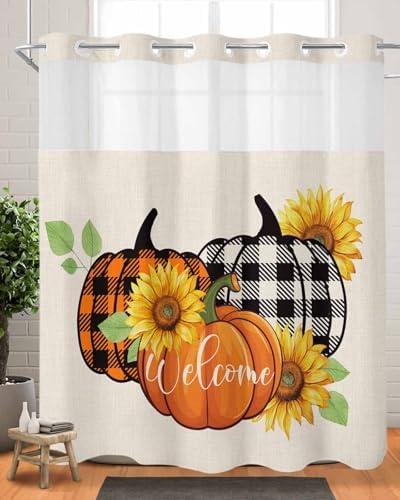 Fall Orange Pumpkin Shower Curtain Set No Hook Design Soft Durable