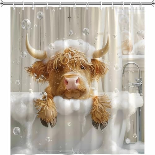 Funny Highland Cow Shower Curtain with Hooks