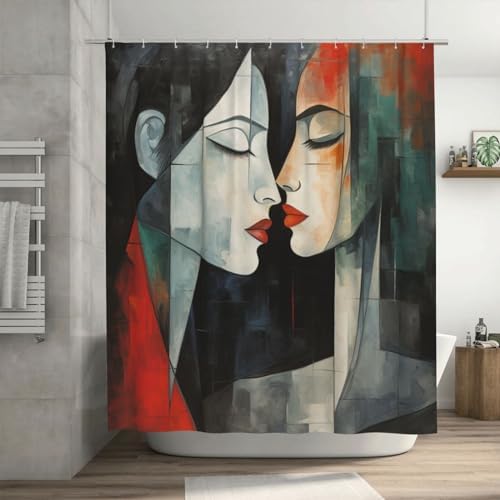Kissing Girl Boho Shower Curtain Set Oil Painting Red Black