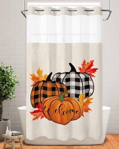 No Hook Fall Autumn Shower Curtains with Pumpkins and Maple Leaves