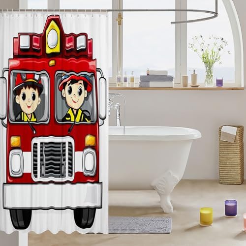 Fire Engine Bath Curtain Set with 12 Hooks