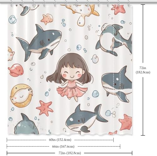 Cartoon Shark Starfish Girl Shower Curtain - 72x72 inches