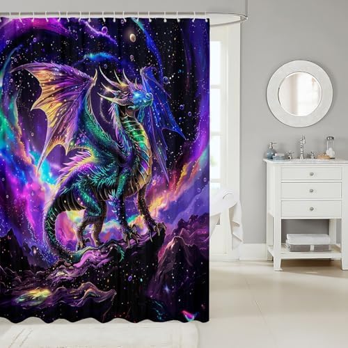 Neon Dragon Kid Shower Curtain Set Starry Sky Galaxy Planet Universe Dreamy Waterproof