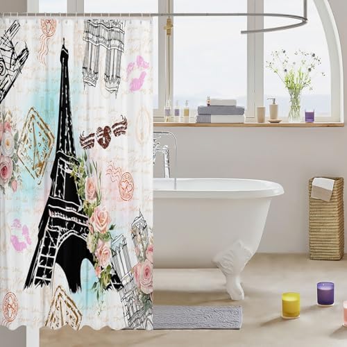 72Eiffel Tower Bath Curtain Set 12 Hooks