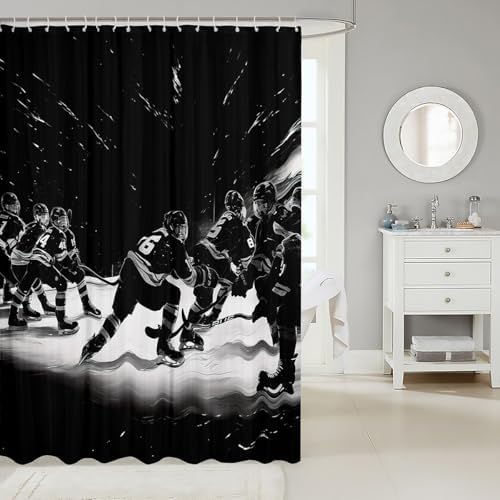 Seamless Durable Ice Hockey Shower Curtain Black White
