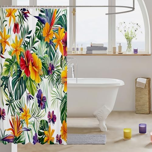 Tropical Flower Shower Curtain Set 72x84 Green Palm Leaves
