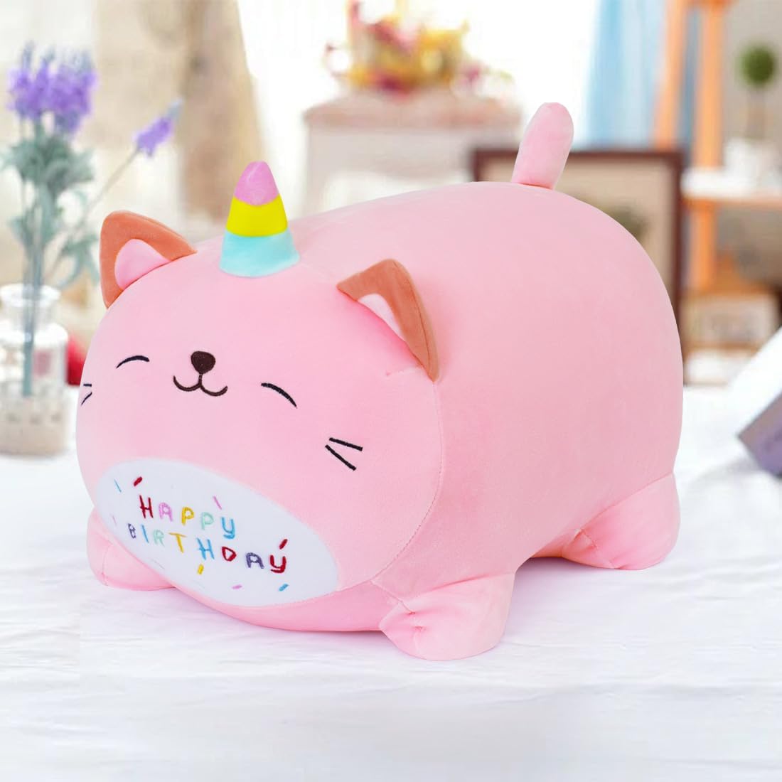 Kawaii Happy Birthday Unicorn Plush Pillow for Kids 25cm