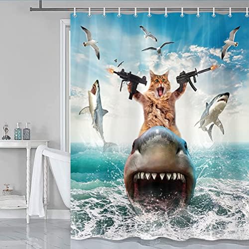 Funny Cat Riding Shark Shower Curtain Set for Boys