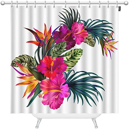 Mugod Tropical Flowers Shower Curtain Hibiscus Palm Retro Hawaiian Design 60x72 Inches