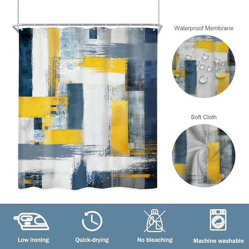 Newsely Abstract Geometric Shower Curtain Modern Design with Navy Blue and Yellow