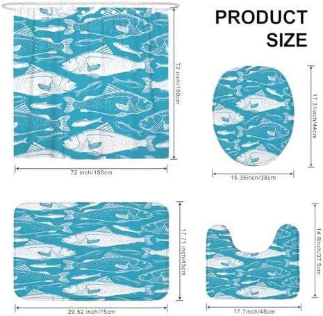 4PCS Cartoon Fish Bathroom Shower Curtains with Non-Slip Mat