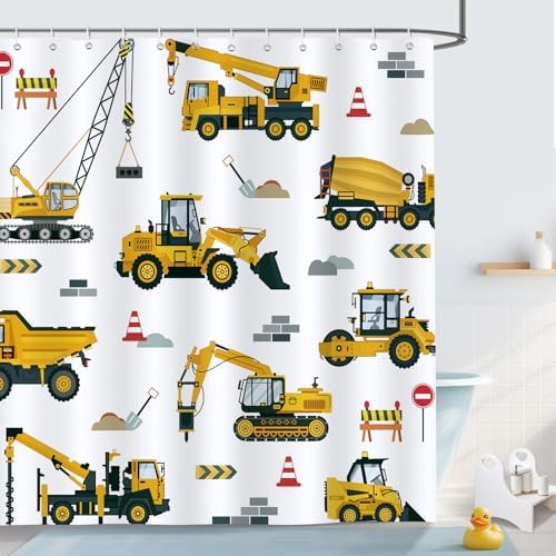 Fun Construction Kids Shower Curtain Durable Waterproof Easy to Use
