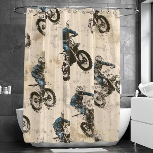Blue Boys Motorcross Themed Shower Curtain Set - Rustic Stylish Bathroom Curtain